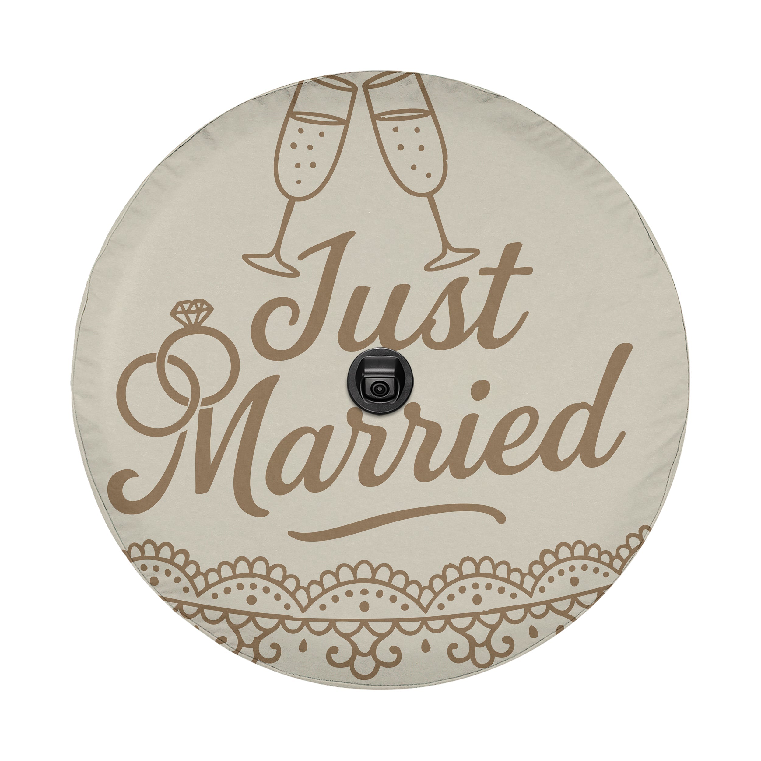 Just Married spare tire cover front view with champagne toast ring and script lettering