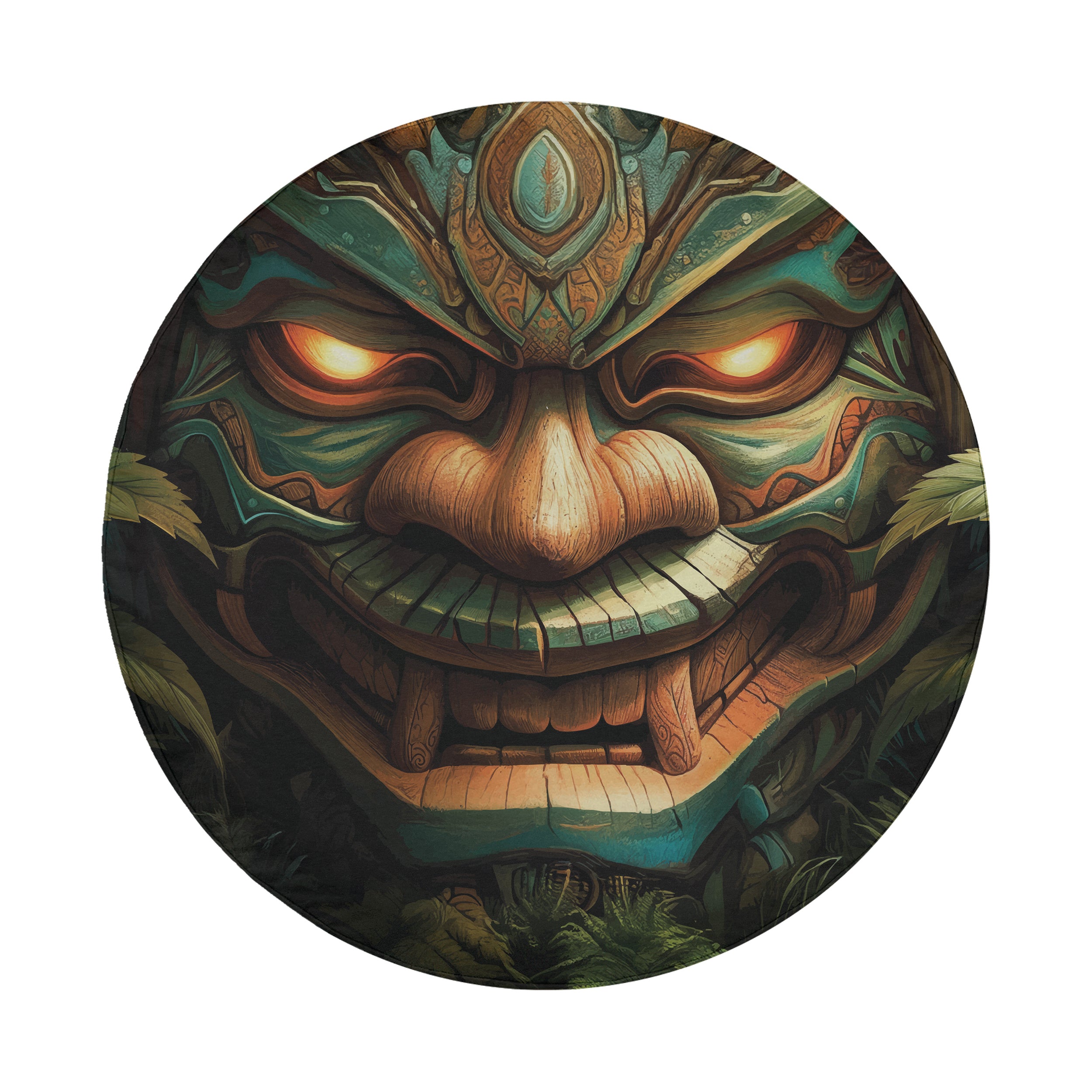 Tiki Totem of Fury spare tire cover lifestyle view of glowing-eyed totem mask graphic on Jeep