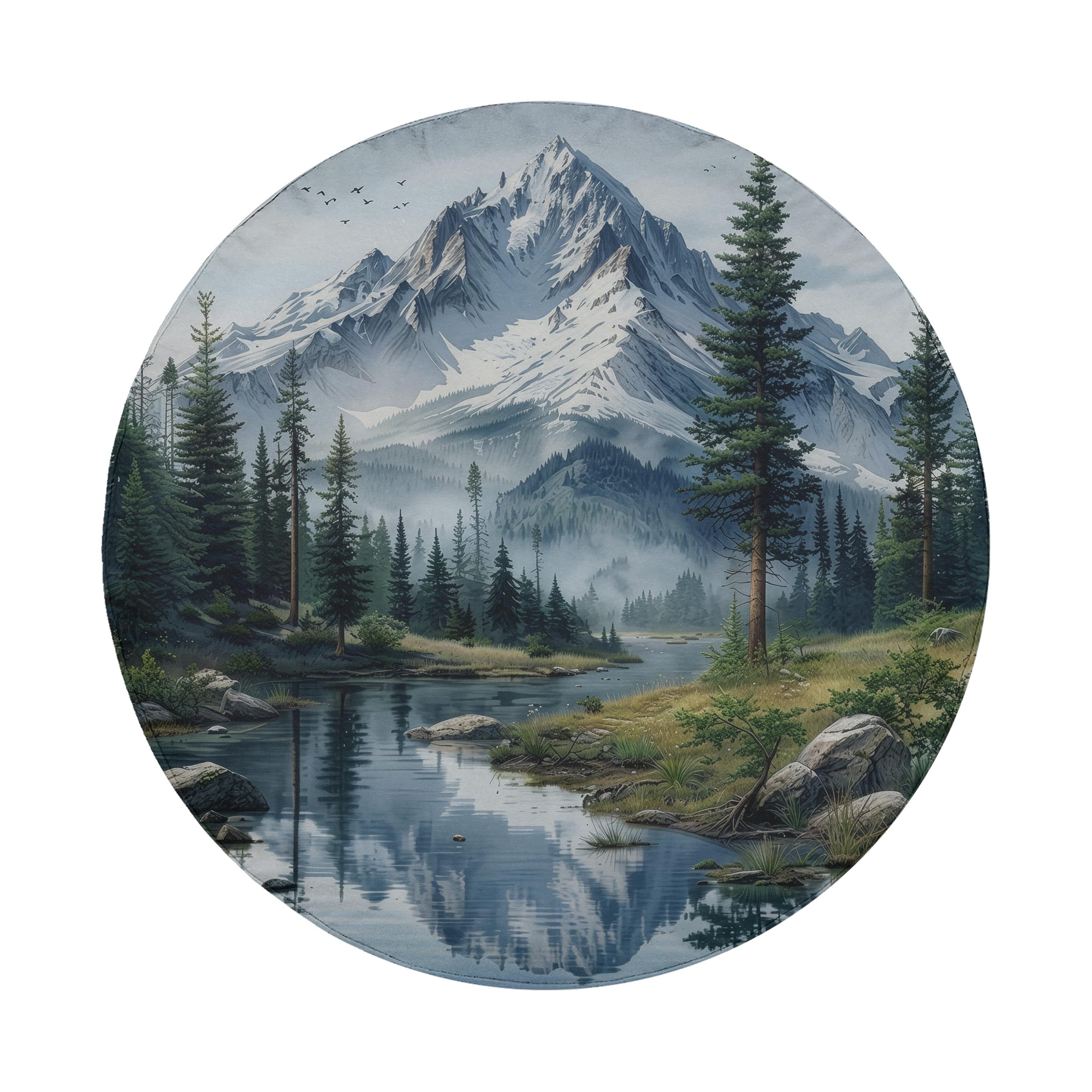 A serene landscape featuring a mountain range with snow-capped peaks, surrounded by pine trees and a calm lake reflecting the mountains.