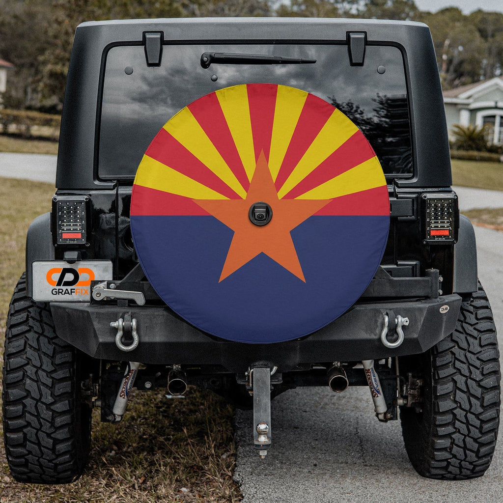 Arizona State Flag spare tire cover on black Jeep Wrangler rear with state flag rays and copper star