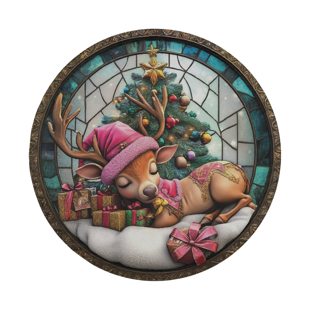 Baby Reindeer Christmas Stained Glass tire cover round detail pink hat fawn snowy gifts and tree art