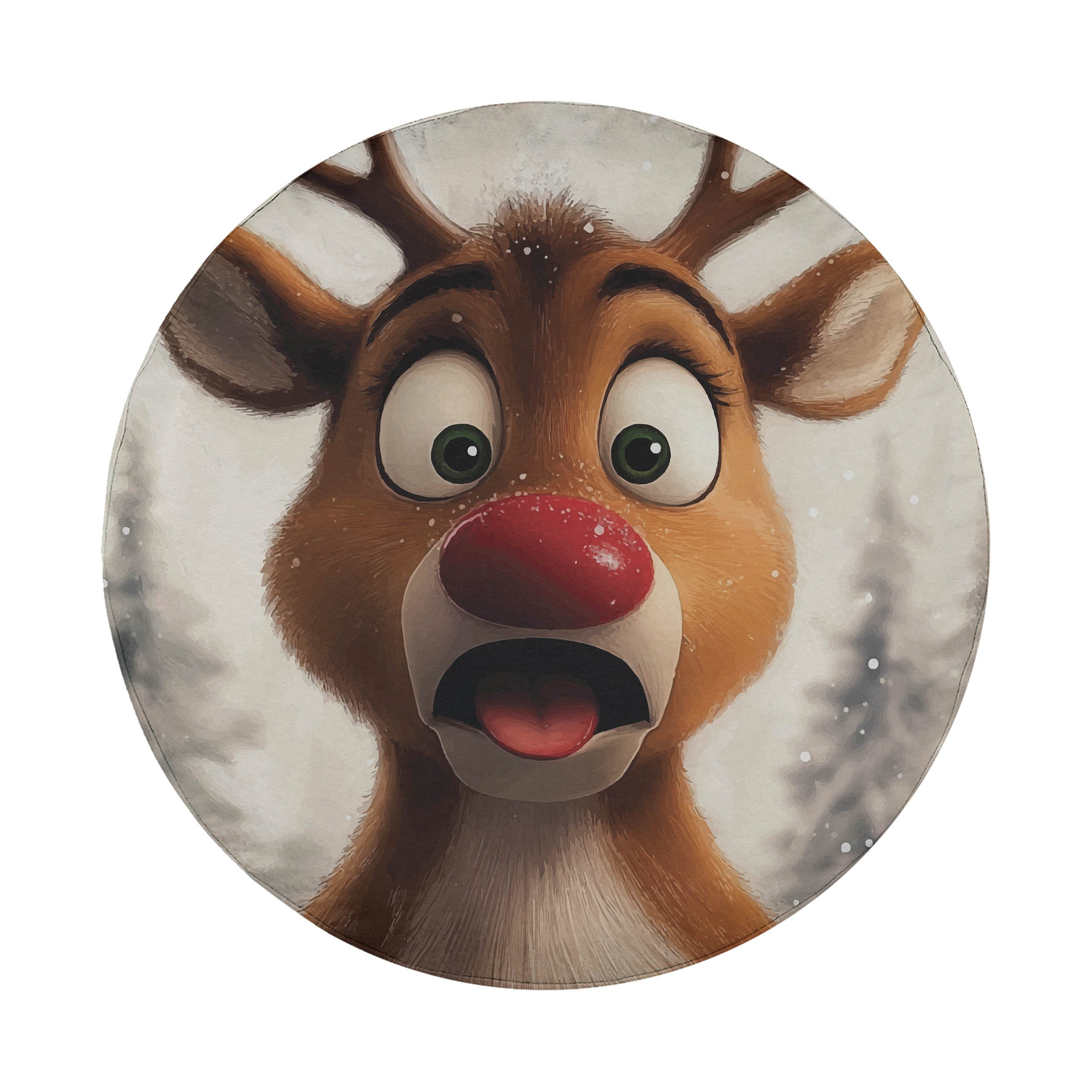 Surprised Rudolph reindeer cartoon spare tire cover artwork with red nose snowy forest background art