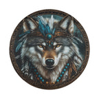 Native American turquoise wolf spare tire cover side view showing fabric grommet trim