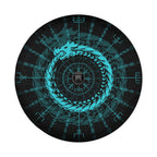 a circular design with a blue dragon-like creature at the center, surrounded by intricate patterns and symbols.