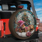 Baby Reindeer stained glass tire cover on red Jeep Wrangler featuring pink hat sleeping fawn artwork