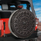 Choco Creme Cookie spare tire cover mounted on a Jeep showing the giant cookie centered behind the rear bumper