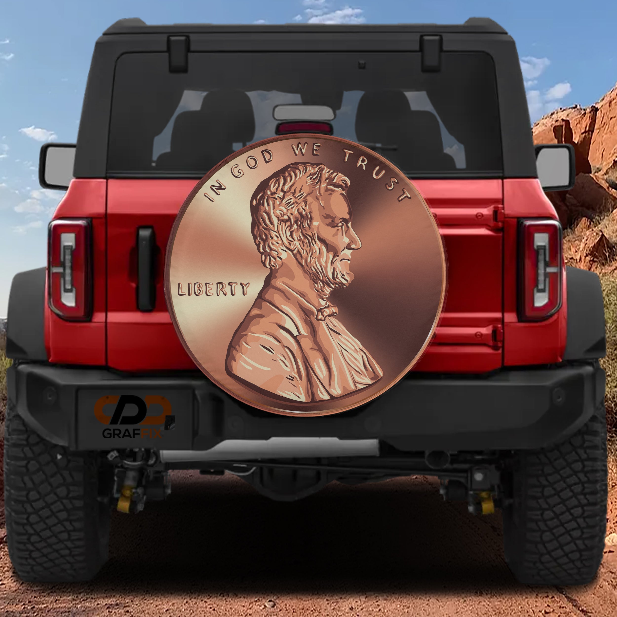Giant American penny spare tire cover on black Jeep Wrangler with Abraham Lincoln penny