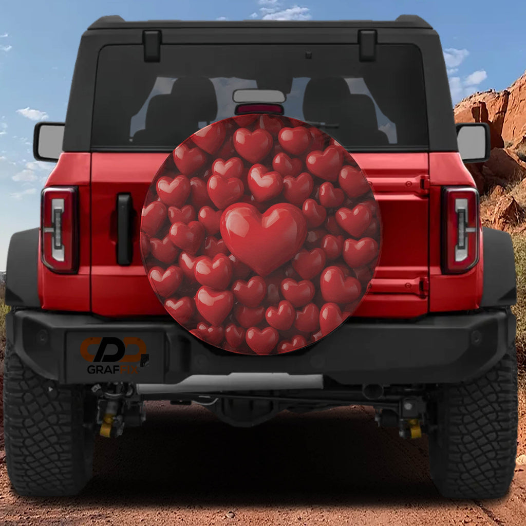 Candy Heart Cover spare tire cover on red Bronco featuring 3D glossy red heart cluster design