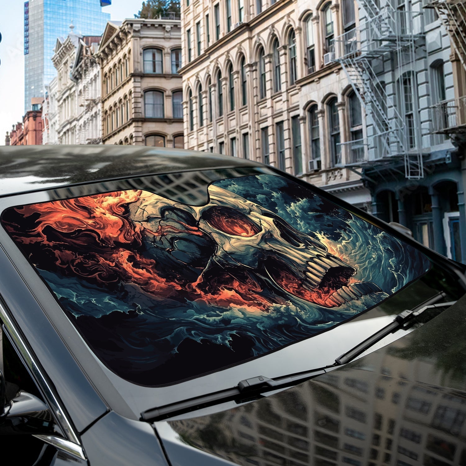 Wave of Damnation windshield sunshade installed in white sedan parked on a city street