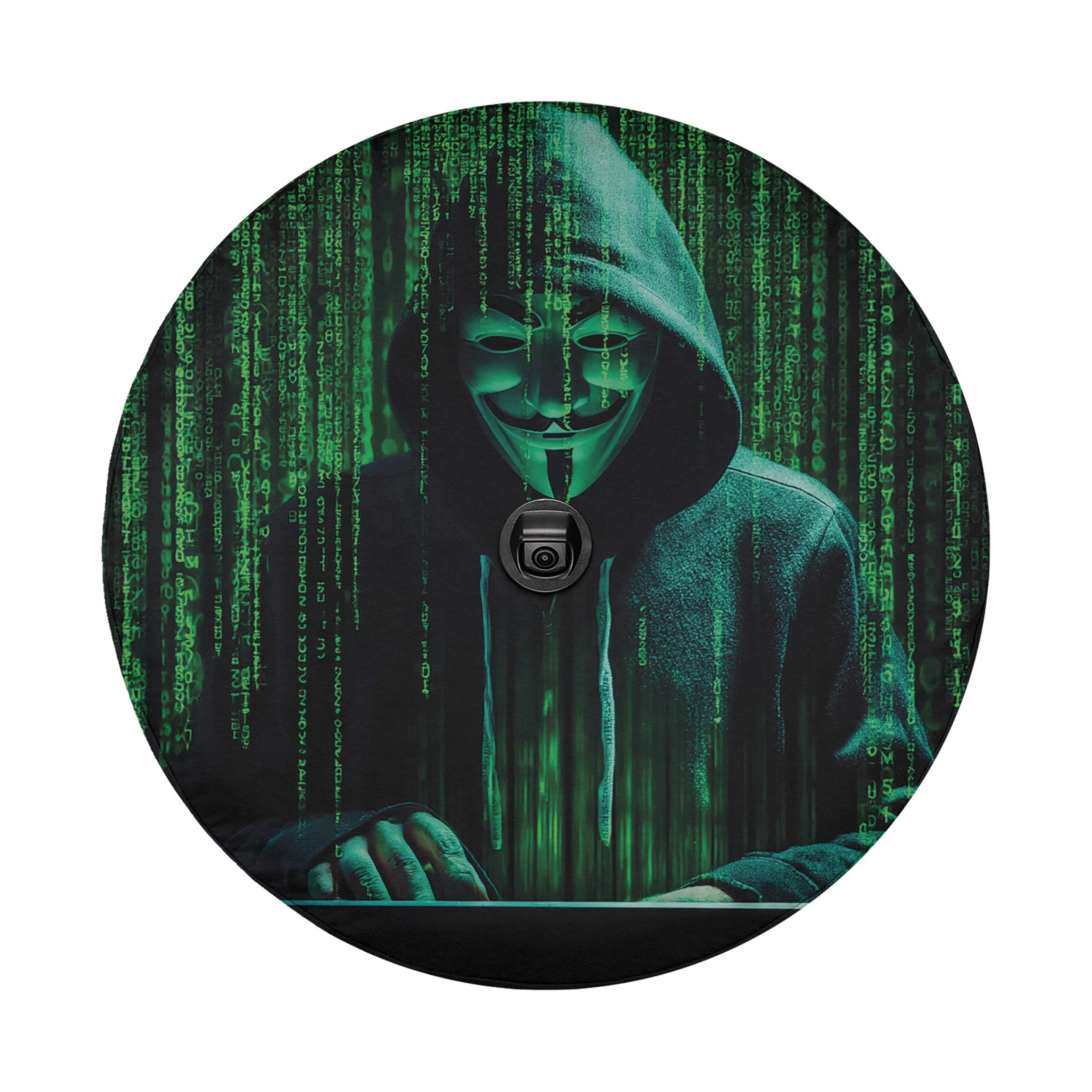 A person wearing a black hooded jacket and a mask is shown in a dark, mysterious setting with a green, digital-looking background.