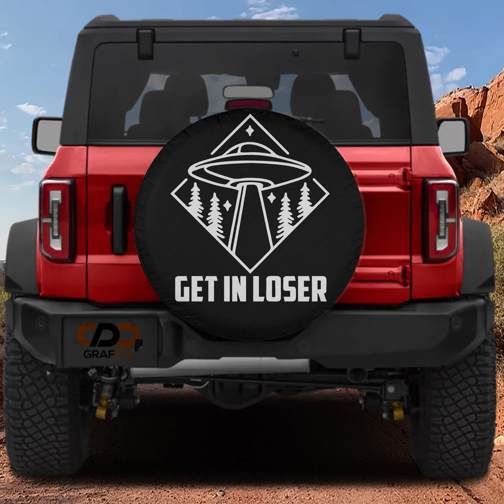 Get In Loser spare tire cover alternate flat shot with cheeky pink Get In Loser quote in cursive lettering
