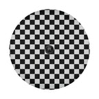 Black and white checkered board spare tire cover flat view with rear-view camera cutout hole