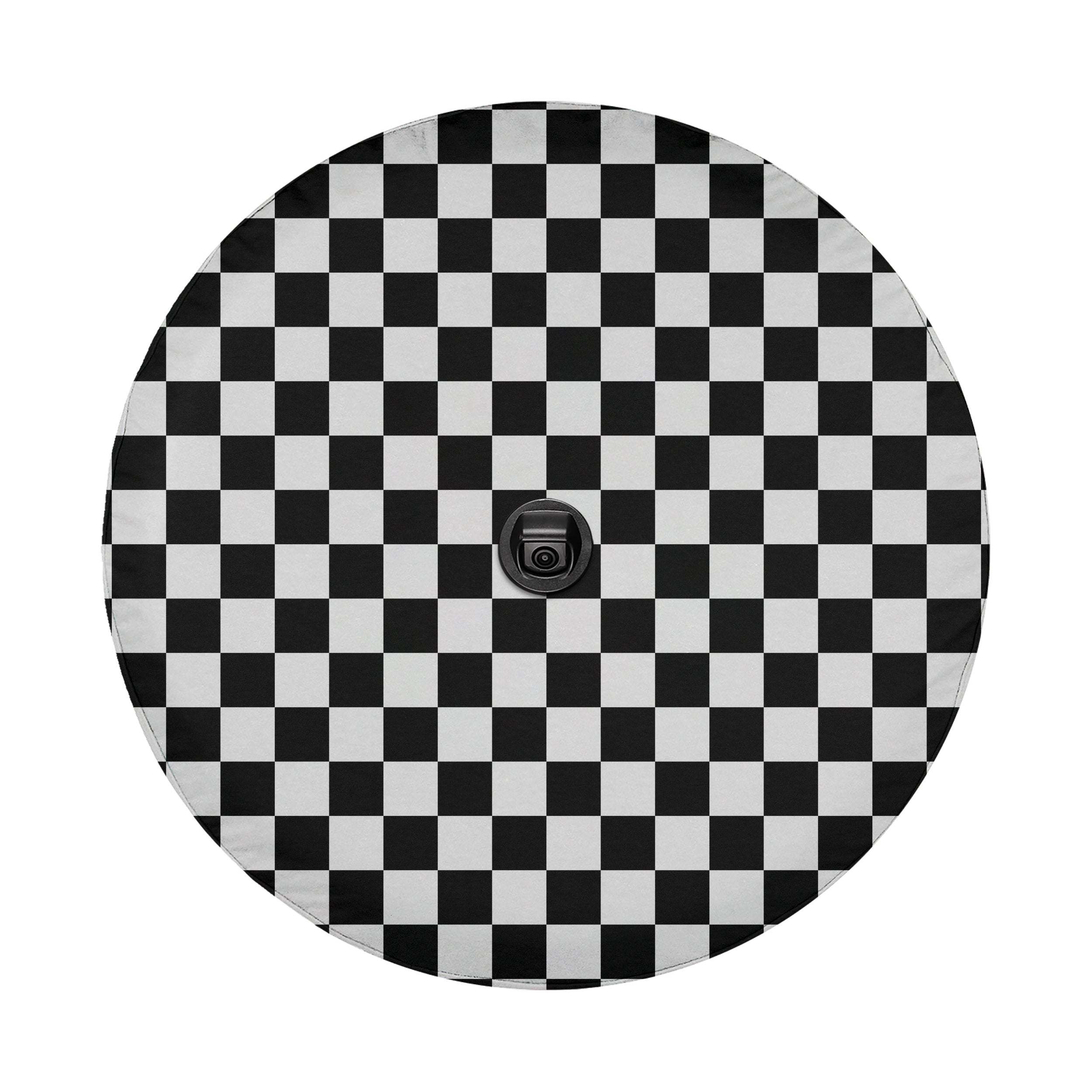 Black and white checkered board spare tire cover flat view with rear-view camera cutout hole