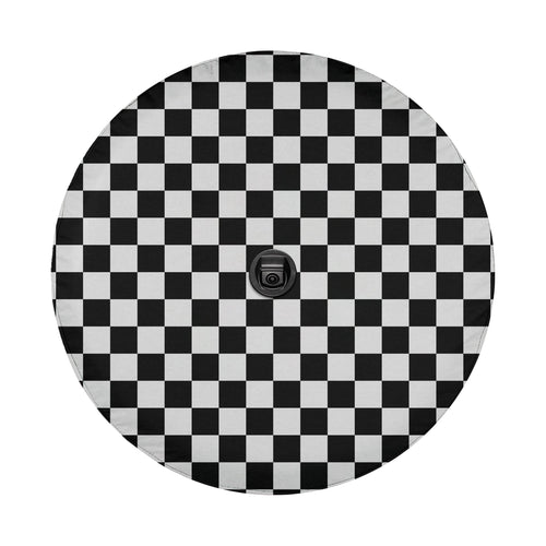 Black and white checkered board spare tire cover flat view with rear-view camera cutout hole