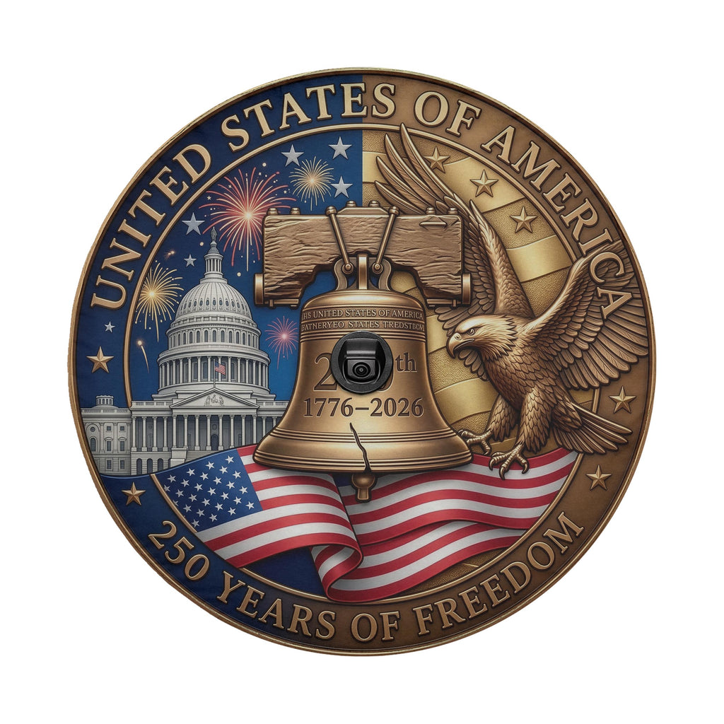 The image is a commemorative coin or badge celebrating the 250th anniversary of the United States of America. It features the iconic Liberty Bell, the United States Capitol building, and an eagle, all set against a backdrop of fireworks and the American flag.
