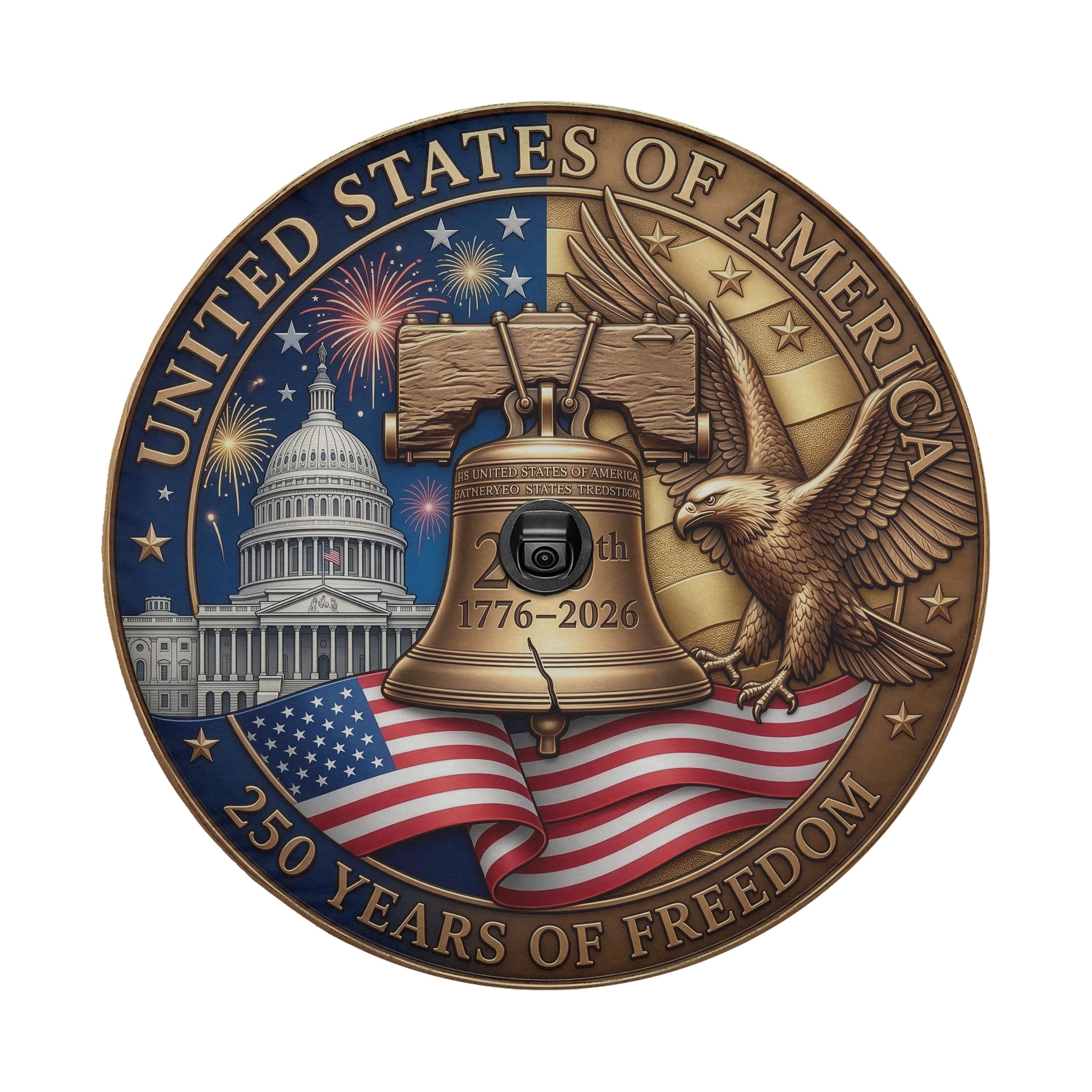The image is a commemorative coin or badge celebrating the 250th anniversary of the United States of America. It features the iconic Liberty Bell, the United States Capitol building, and an eagle, all set against a backdrop of fireworks and the American flag.