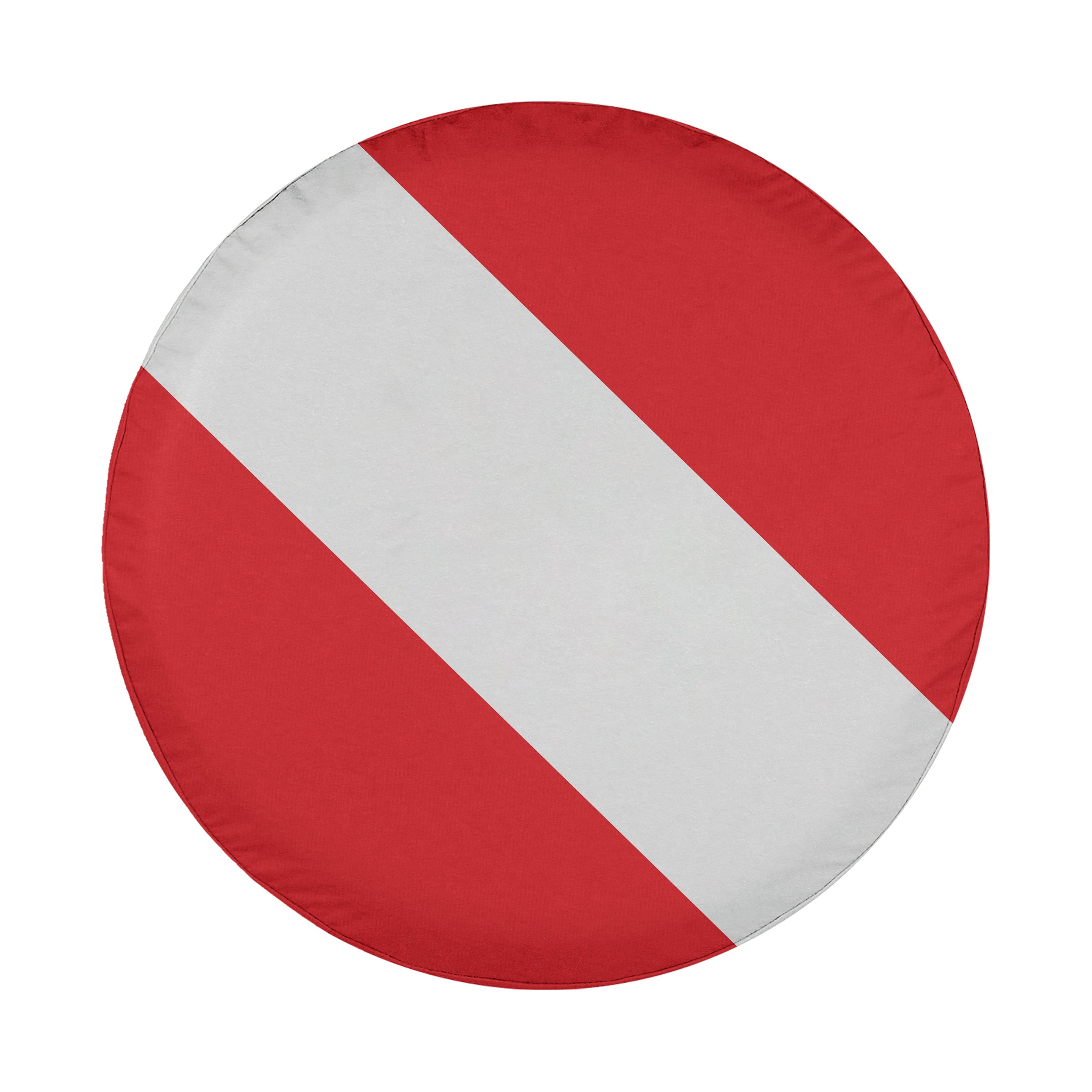 SCUBA diver down flag spare tire cover flat-lay showing red and white diagonal stripe