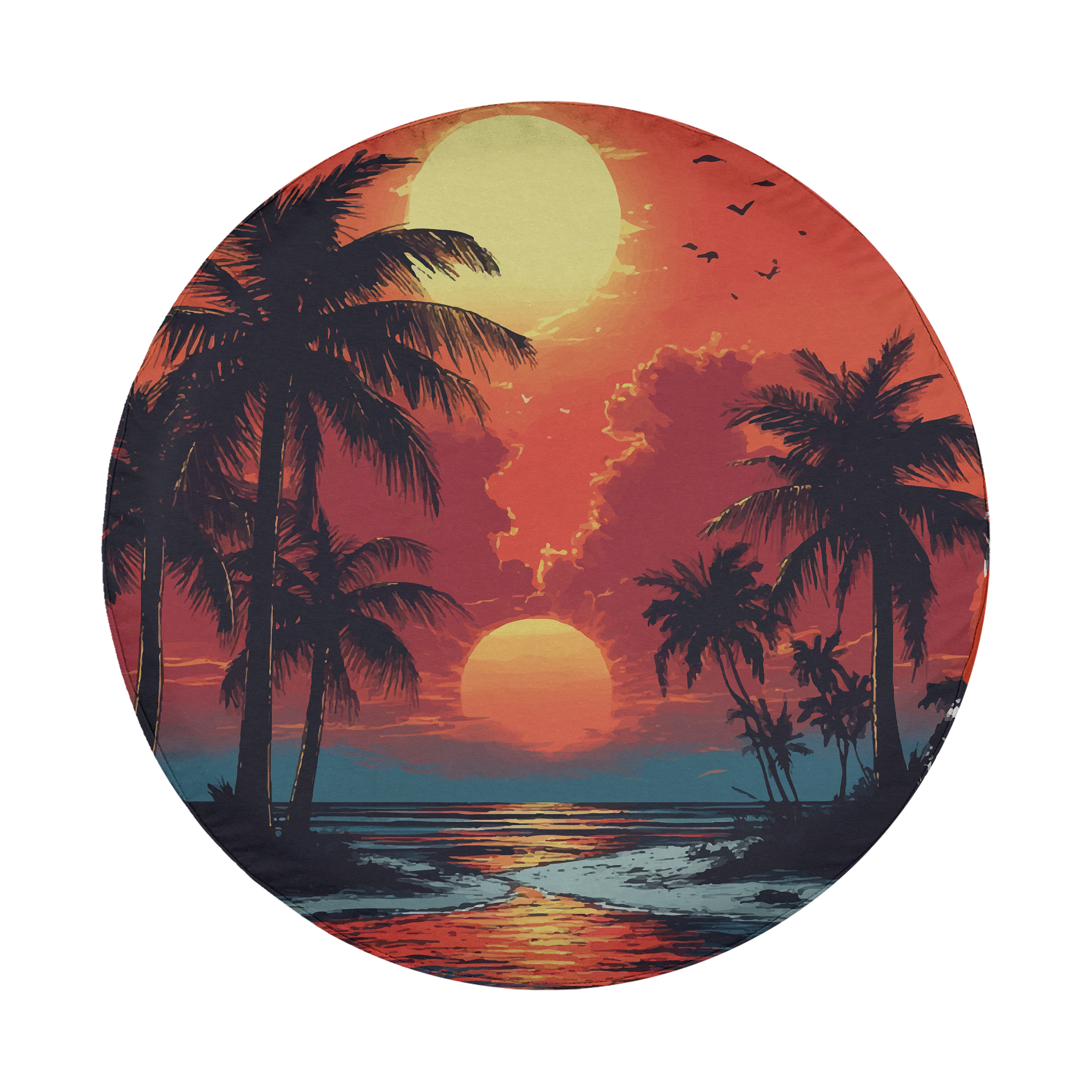 Round tropical scarlet sunset tire cover on white with palms beach reflection red orange sky birds
