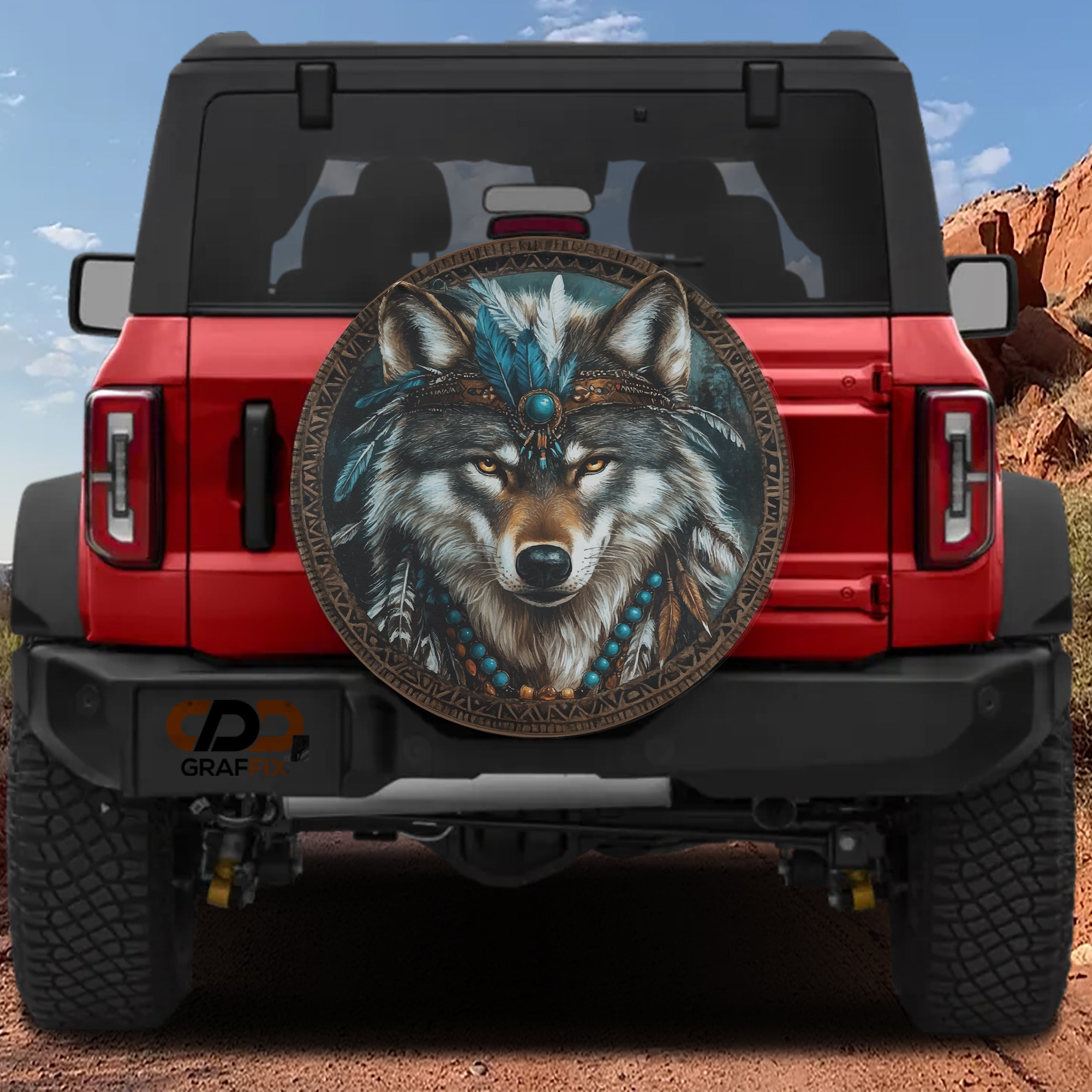 Native American Turquoise Wolf Tire Cover | Jeep Decal Store