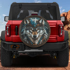 Native American turquoise wolf spare tire cover closeup detail of wolf and feather artwork