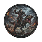A man rides a large, menacing-looking dinosaur amidst a chaotic battle scene, with flames and explosions in the background.