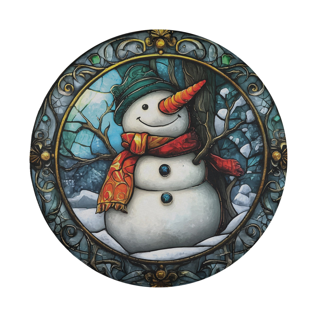 Stained glass snowman art tire cover with green hat orange scarf carrot nose and ornate gold frame