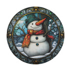 Stained glass snowman art tire cover with green hat orange scarf carrot nose and ornate gold frame