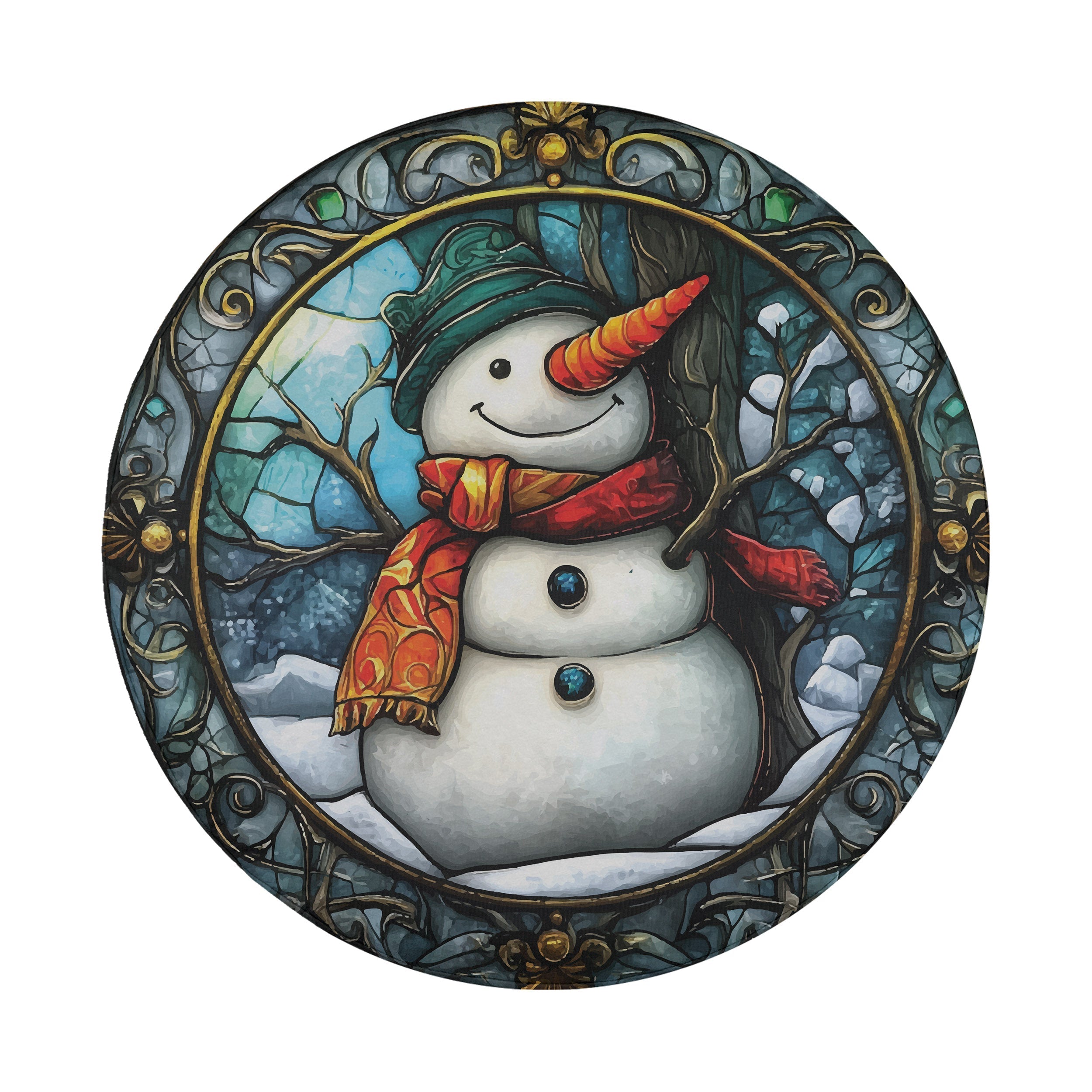 Stained glass snowman art tire cover with green hat orange scarf carrot nose and ornate gold frame