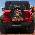 Squirrel Deeze Nuts tire cover on a red Ford Bronco with a sassy orange squirrel hoarding pile of nuts