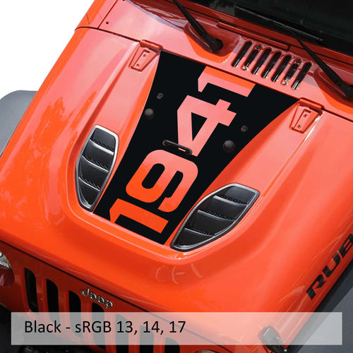 Black 10th Anniversary 1941 blackout hood decal color swatch for Jeep Wrangler hood panel