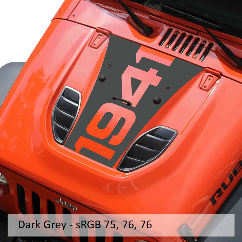 Dark Gray 10th Anniversary 1941 blackout hood decal color swatch for Jeep Wrangler hood