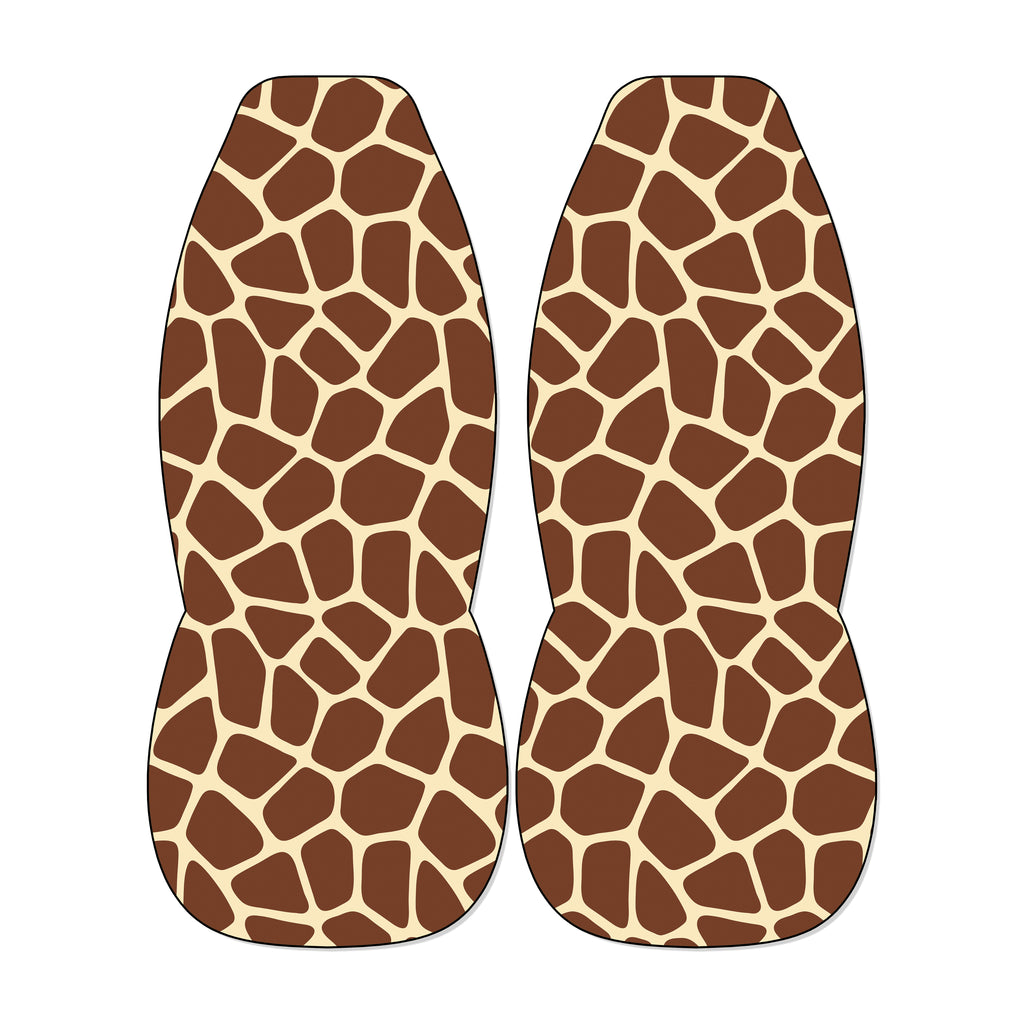 Giraffe print front car seat covers with tan and brown animal pattern on universal bucket seats