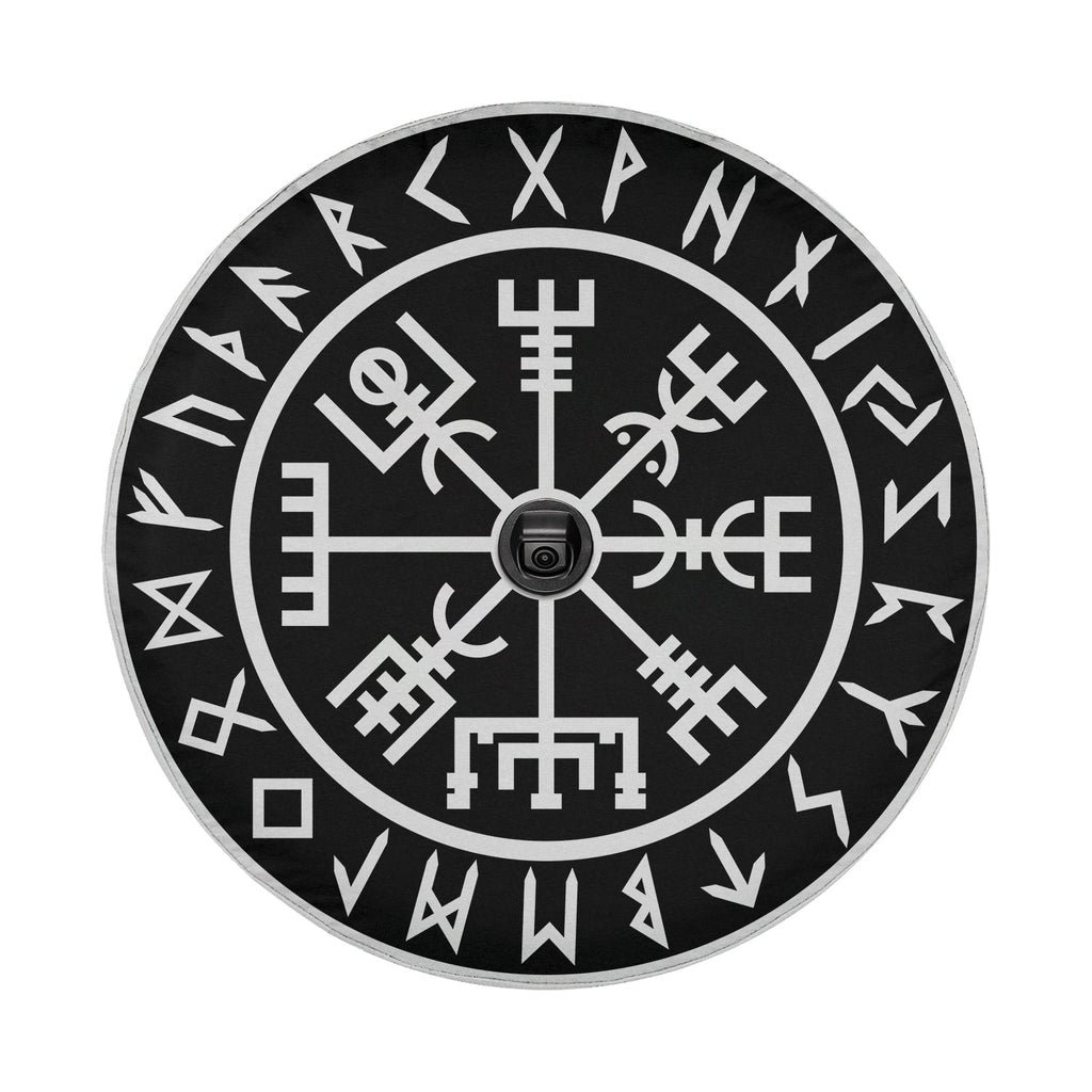 Round Viking Vegvisir compass tire cover with backup camera cutout Norse runes Celtic knot border