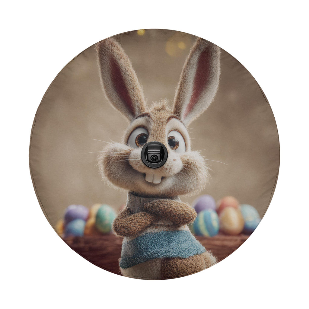 A cartoon rabbit with a camera in its nose, standing in front of a background of colorful Easter eggs.