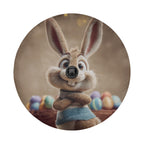 A cartoon rabbit with a camera in its nose, standing in front of a background of colorful Easter eggs.