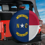 North Carolina state flag spare tire cover on red Bronco rear showing official NC flag design