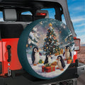 Penguin Present Parade spare tire cover mounted on red Jeep rear with happy penguins carrying Christmas gifts