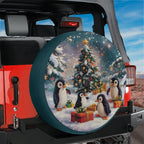 Penguin Present Parade spare tire cover mounted on red Jeep rear with happy penguins carrying Christmas gifts