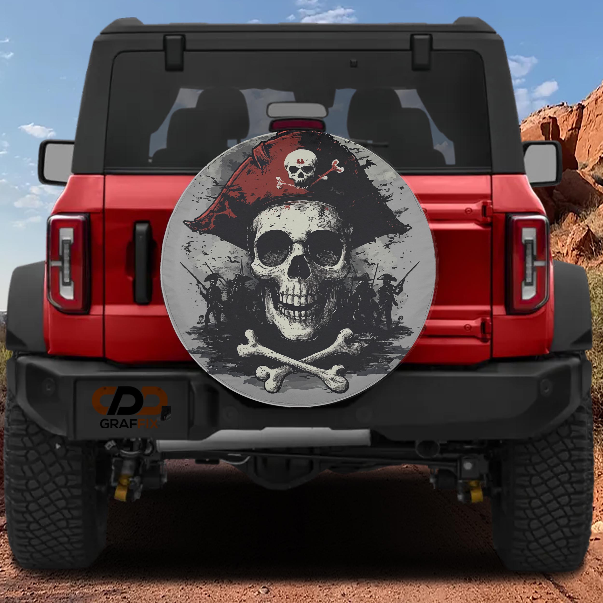 Pirate skull crossbones and red tricorn hat spare tire cover mounted on red Ford Bronco rear gate