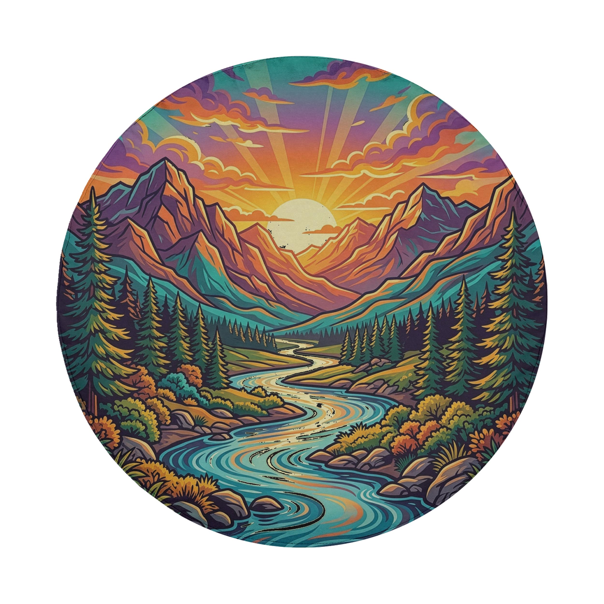 A vibrant, circular illustration depicting a serene mountain landscape with a winding river, pine trees, and a stunning sunset over the peaks.