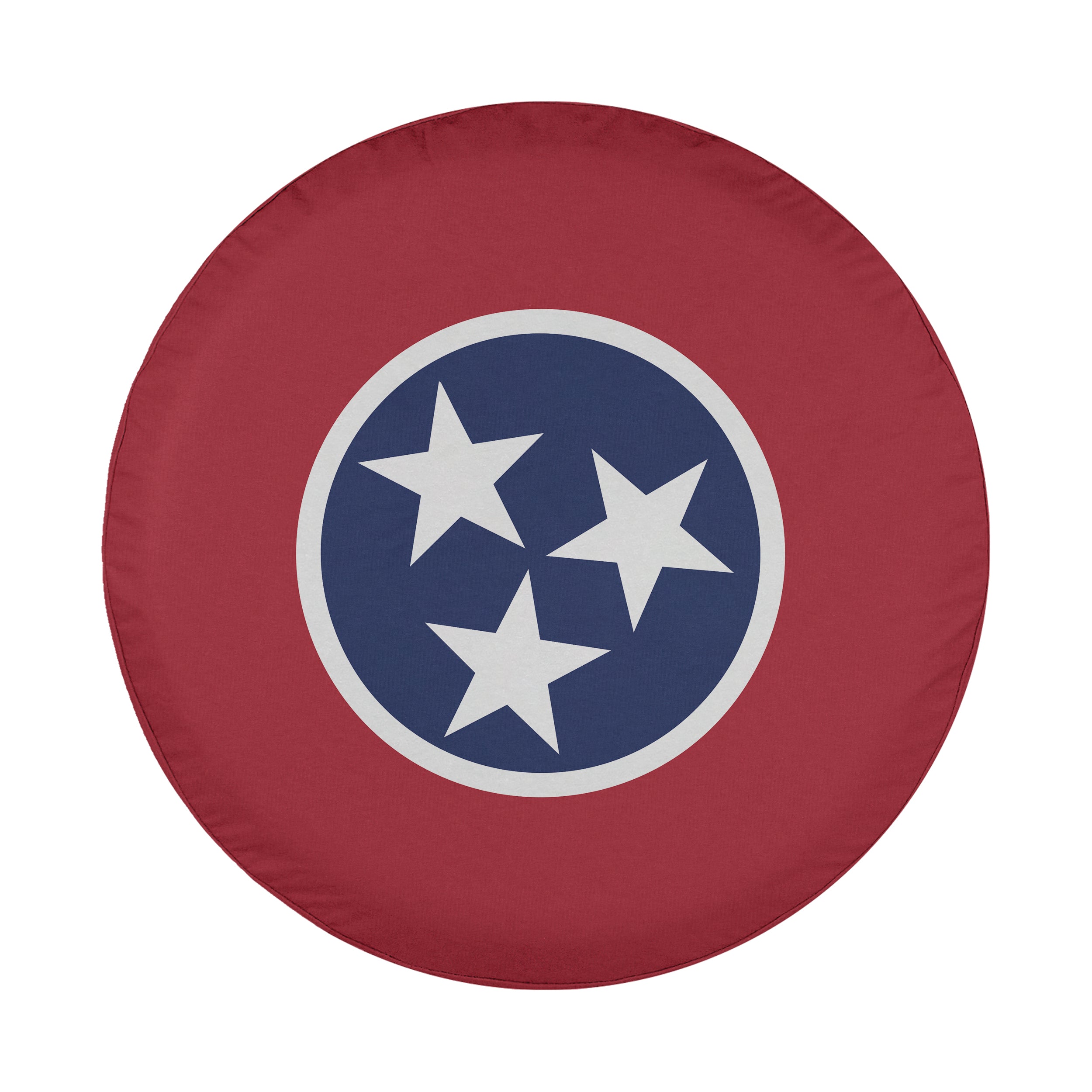 Tennessee state flag spare tire cover studio close-up of red field and tri-star emblem without camera cutout