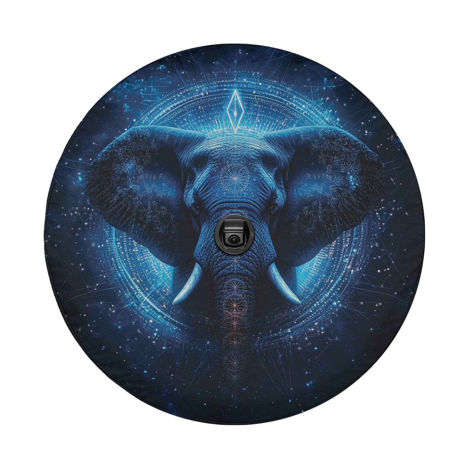 Sacred geometry blue elephant tire cover round standalone with glowing constellation circle backdrop art