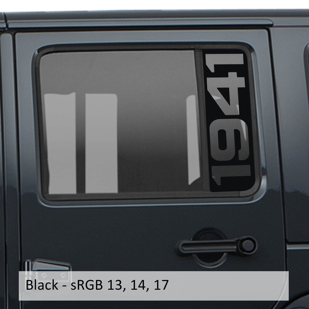 Black 1941 vertical side window decal shown on Jeep Wrangler JKU rear quarter door glass