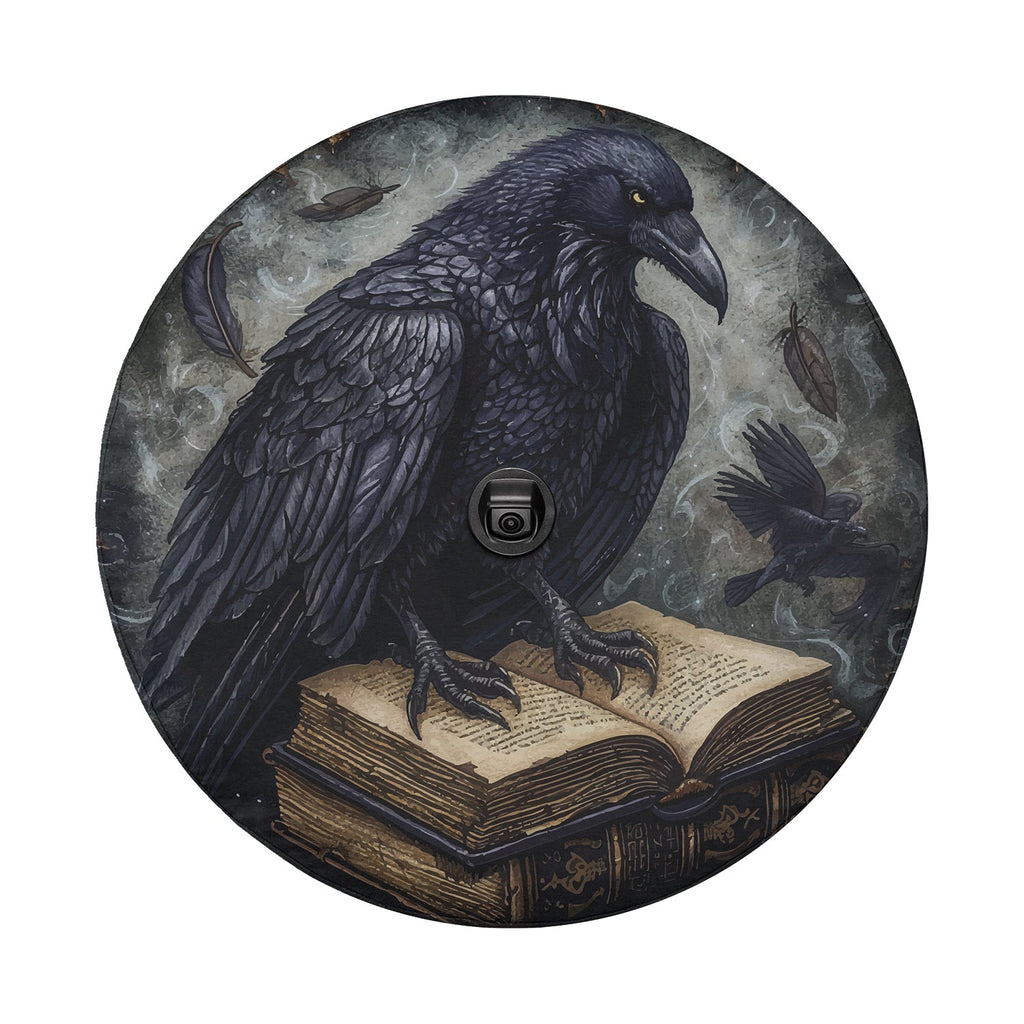 Huginn's Black Raven Tome spare tire cover flat product shot showing dark spell book with raven and rune accents