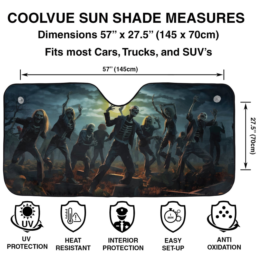 Zombie Dance windshield sunshade specs panel with 57 by 27.5 inch dimensions plus UV heat protection icons