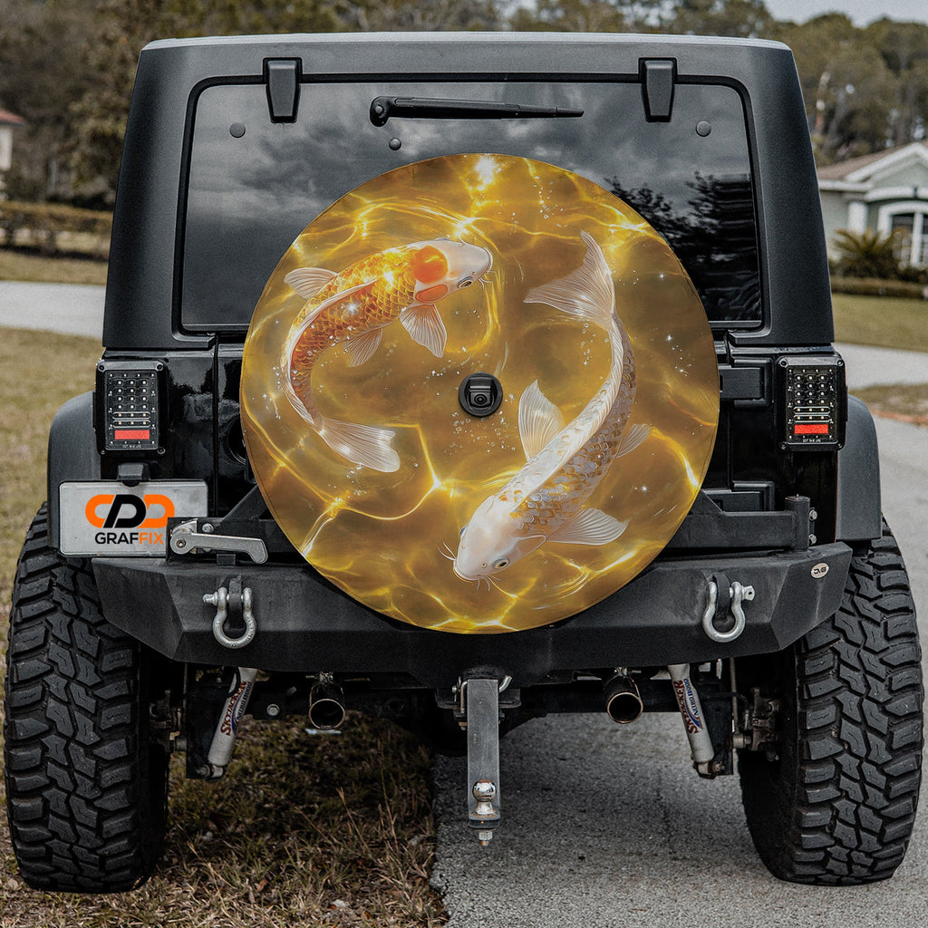 Golden Koi Tranquility design printed spare tire cover with optional backup camera hole by Graffix