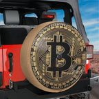 Bitcoin Crypto Token spare tire cover on a red Jeep Wrangler rear with golden B coin and circuit ring design
