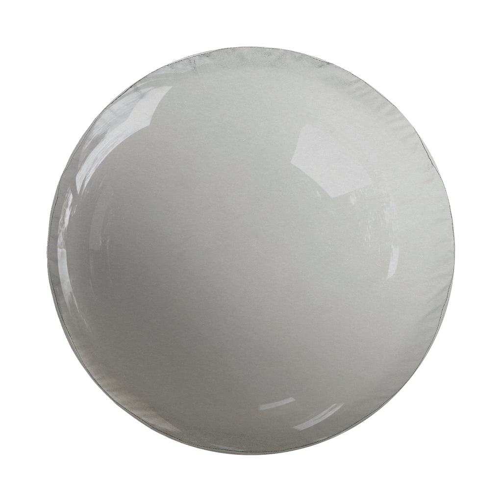 A white, round, and shiny object, possibly a plate or bowl, is shown against a white background.