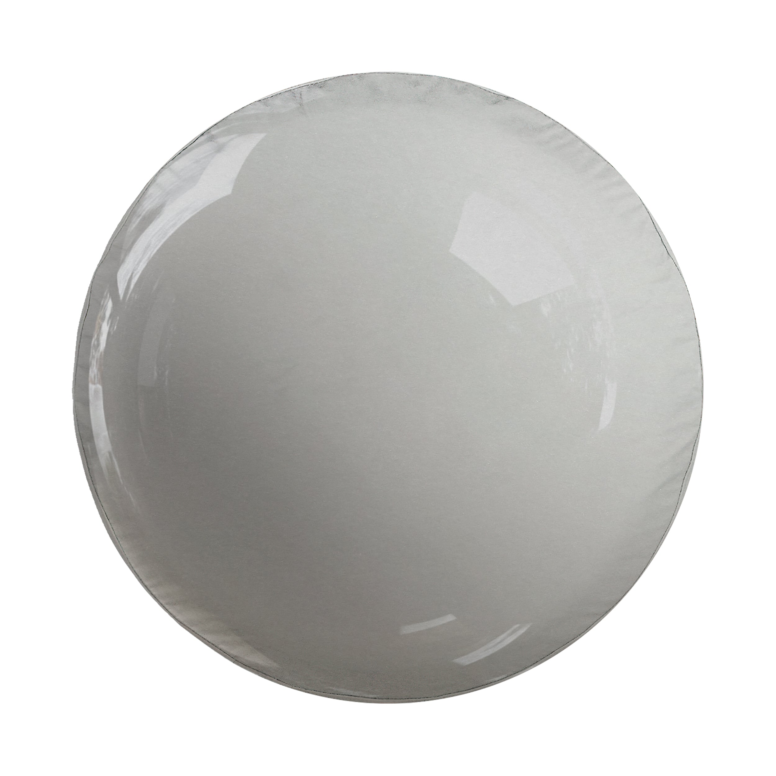 A white, round, and shiny object, possibly a plate or bowl, is shown against a white background.
