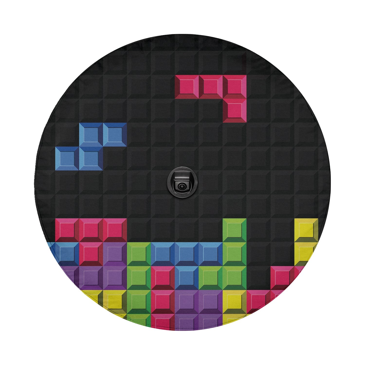 Pixel block puzzle tire cover on black Jeep Wrangler displaying multi-color retro arcade brick stack pattern